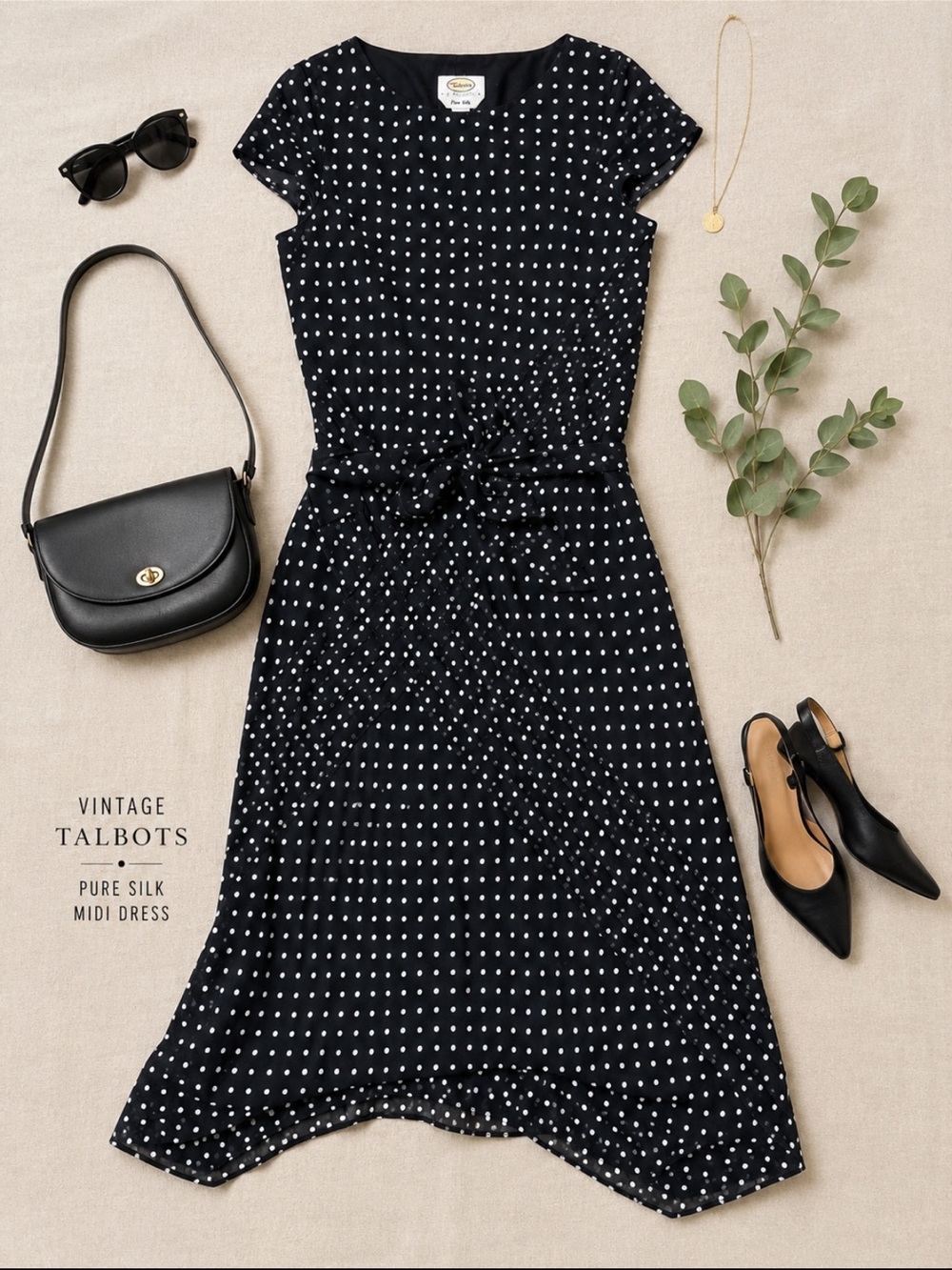 Vintage Talbots Pure Silk Polka Dot Midi Dress | Tie Waist | Sz Small